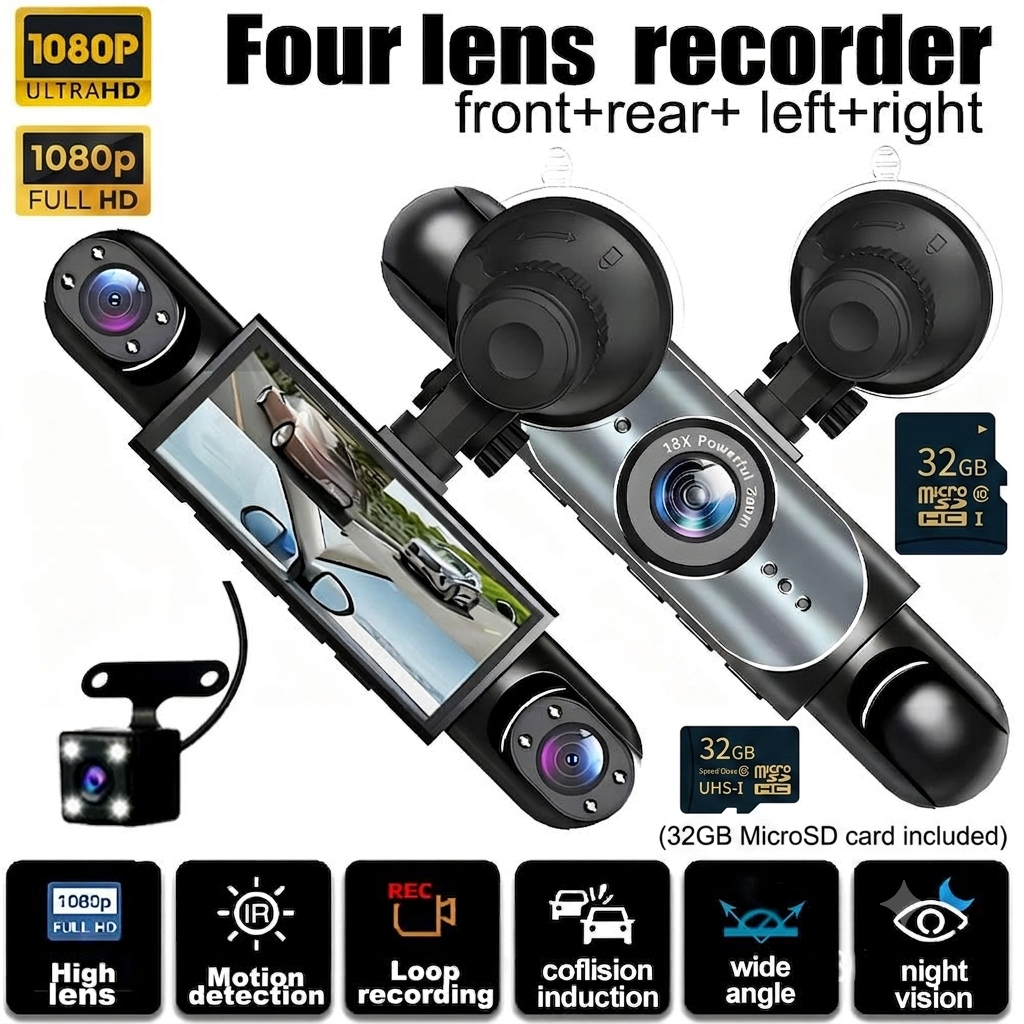 🚗 [Best Seller] 4-Way Dash Cam – 📹 360° Full Coverage, Front/Rear/Left/Right – Day & Night Recording