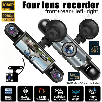🚗 [Best Seller] 4-Way Dash Cam – 📹 360° Full Coverage, Front/Rear/Left/Right – Day & Night Recording