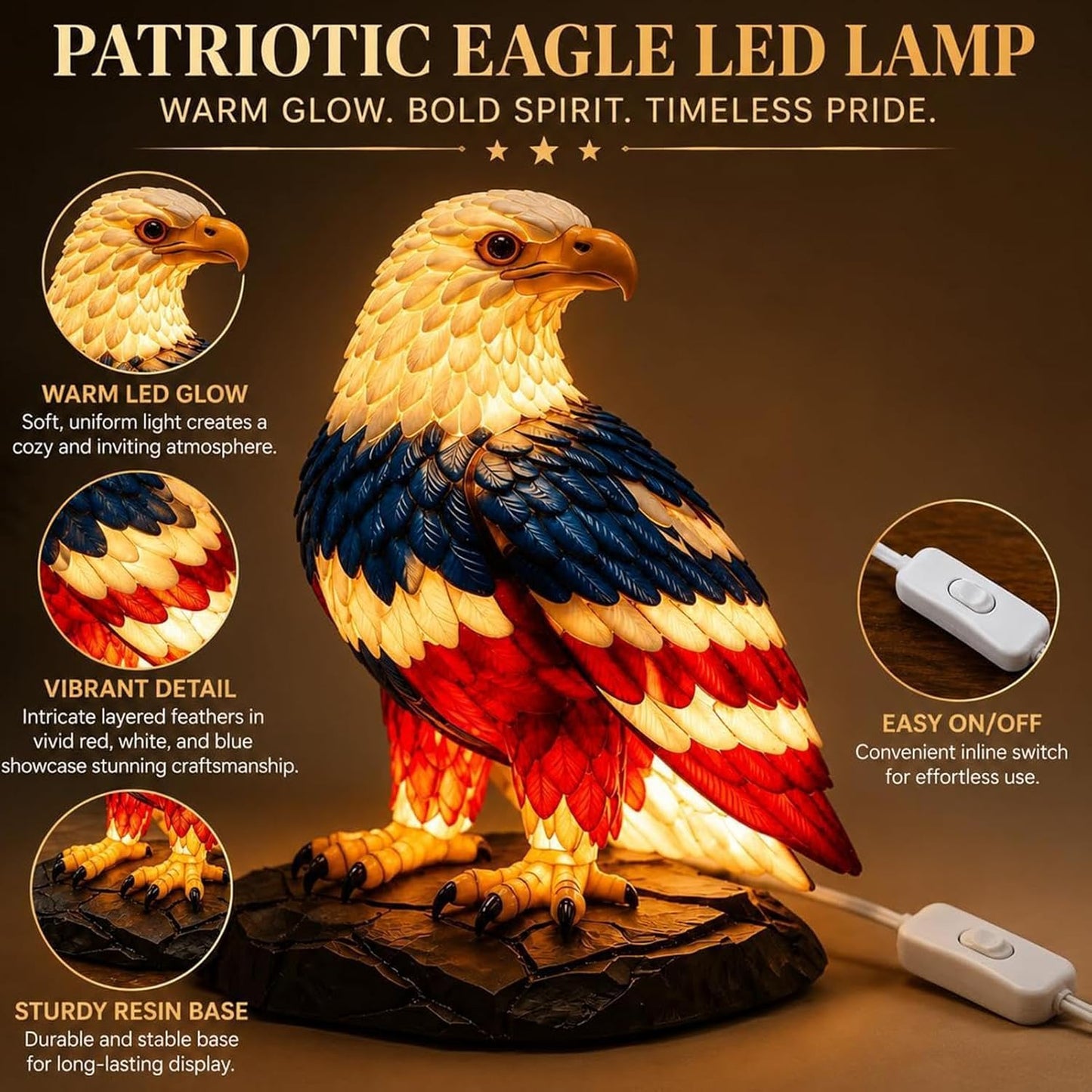 🇺🇸 250th Eagle Stained Glass Wall Lamp – 🦅 Patriotic LED Tribute Light – Resin Craft, Warm Glow, Perfect for Home, Office & Man Cave