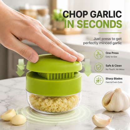 Garlic chopper, stainless steel blade cutter, garlic press, garlic grinder, and storage container