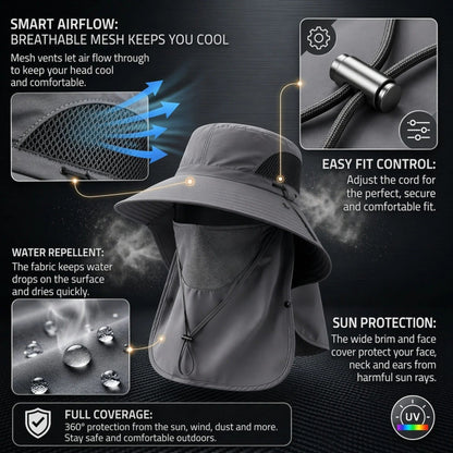 🔥 Closeout Sale – 🧢 Full Coverage Outdoor Sun Hat – Detachable Face Cover, Breathable Mesh, Lightweight for Fishing & Hiking