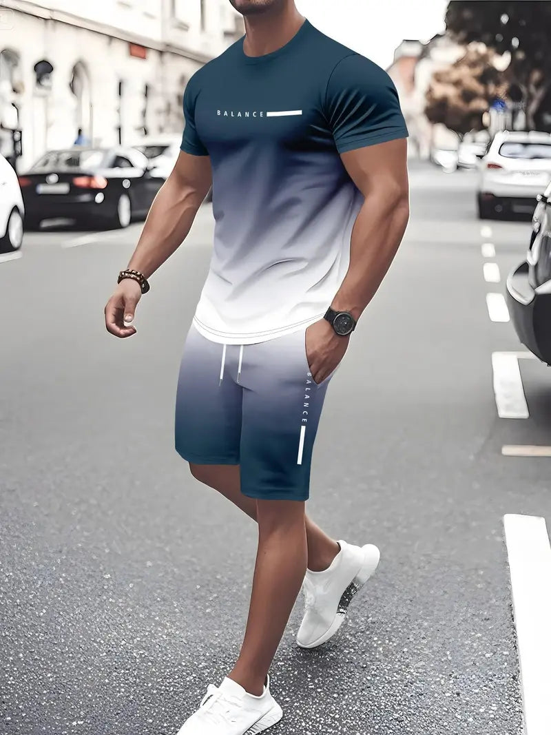 ? Father's Day Gift-⚡? Men's Gradient Tee & Shorts Set | Athletic Streetwear Outfit 2-Piece Set