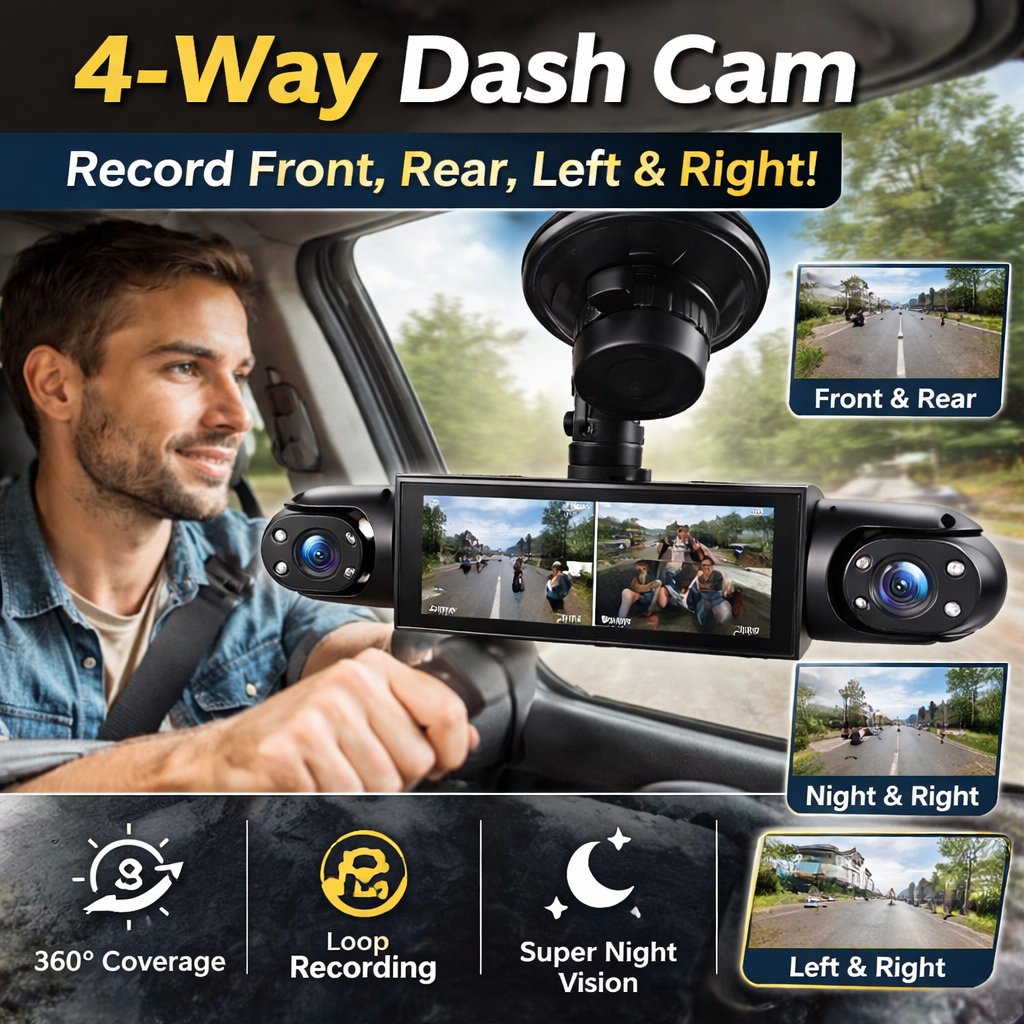 🚗 [Best Seller] 4-Way Dash Cam – 📹 360° Full Coverage, Front/Rear/Left/Right – Day & Night Recording
