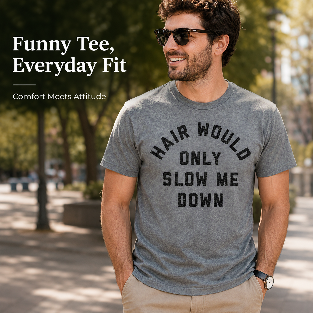 Funny Men's T-Shirt: “My Hair Is Just Holding Me Back” — A Humorous T-Shirt with a Satirical Balding Design