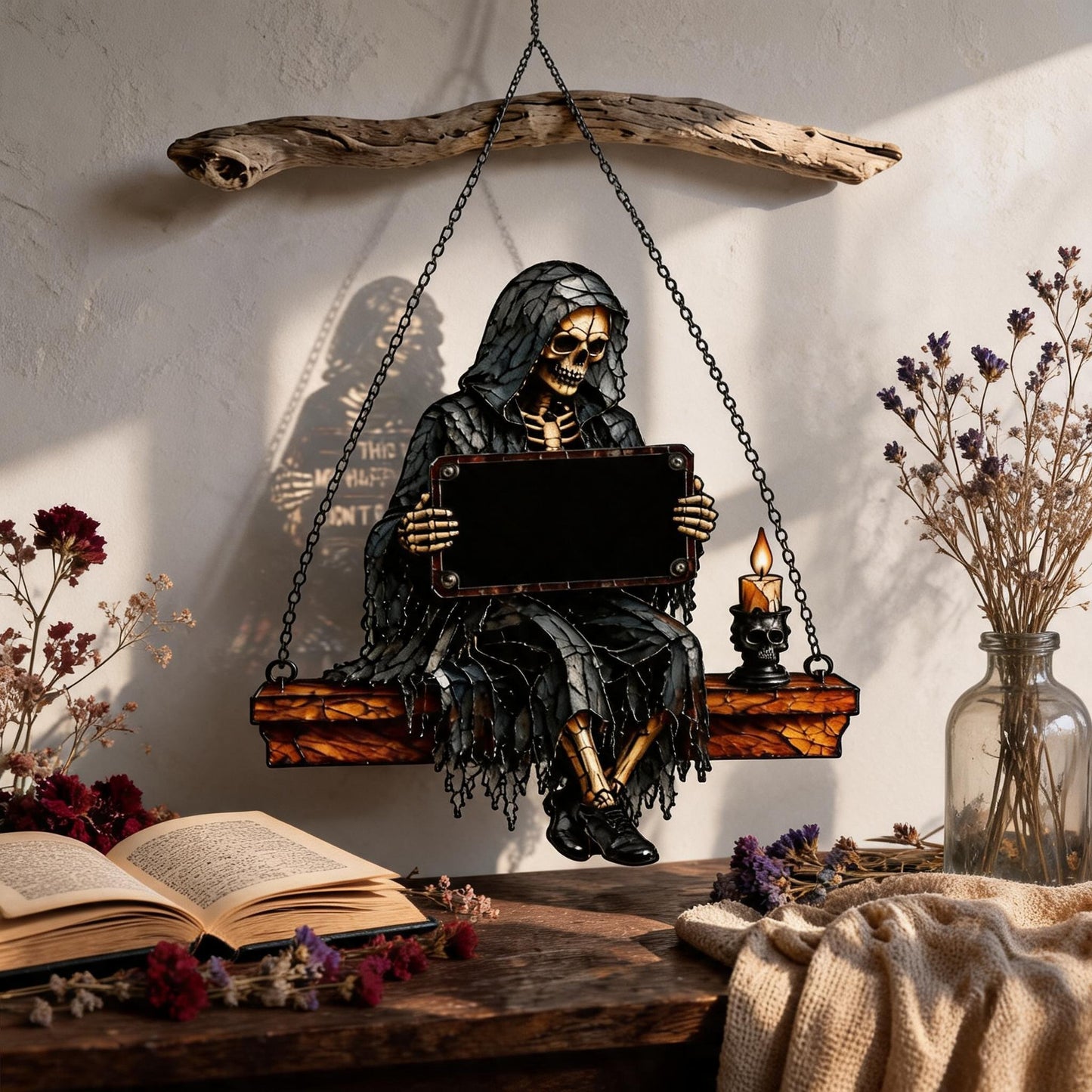 🌞🖤Gothic Skeleton Sun Catcher💀 Handmade Stained Glass Spinner