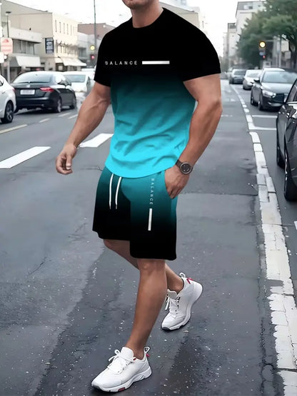 ? Father's Day Gift-⚡? Men's Gradient Tee & Shorts Set | Athletic Streetwear Outfit 2-Piece Set