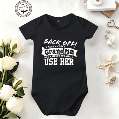 👶 Funny Baby Bodysuit – 👴 "Back Off! Crazy Grandpa" – ☁️ Soft Cotton, Breathable & Irritation-Free