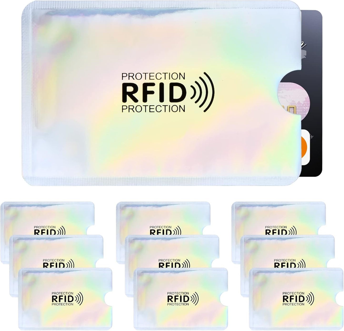 Anti-demagnetization RFID-blocking card sleeve for bank credit cards; anti-fraud aluminum foil ID card protector; compatible with high-frequency readers