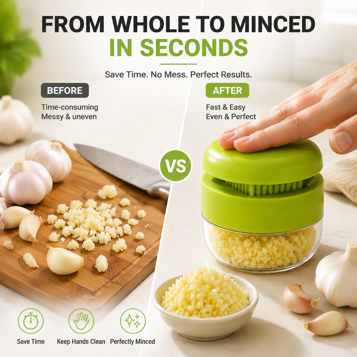 Garlic chopper, stainless steel blade cutter, garlic press, garlic grinder, and storage container