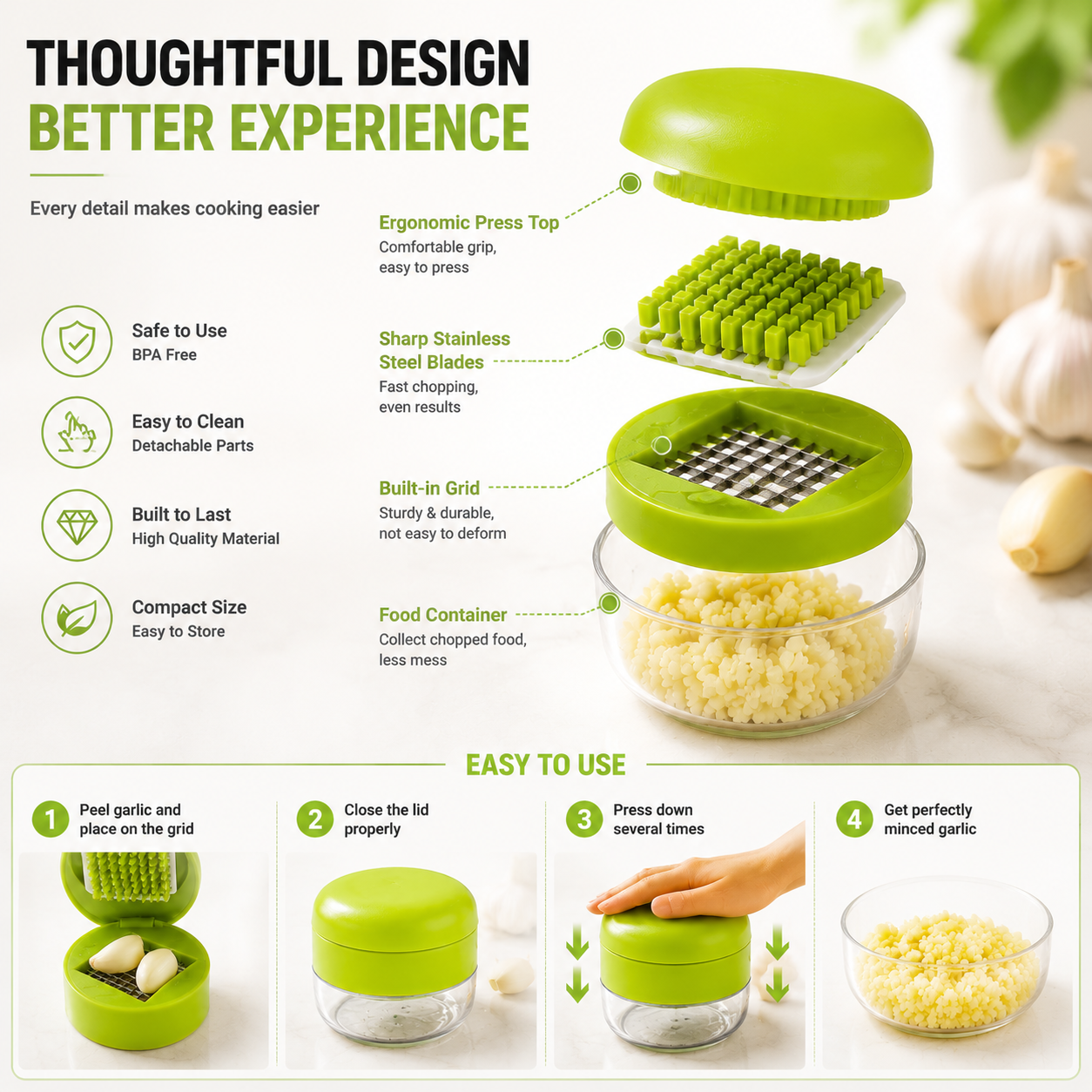 Garlic chopper, stainless steel blade cutter, garlic press, garlic grinder, and storage container