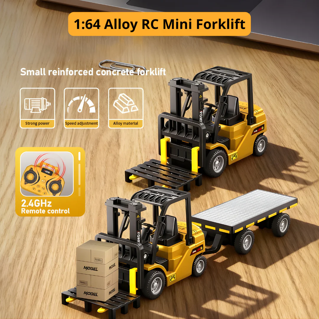 🏗️ Mini Desktop RC Forklift – 🔧 1:64 Scale with Adjustable Alloy Fork – Rechargeable Type-C, Realistic Lifting Fun for Desk & Collection