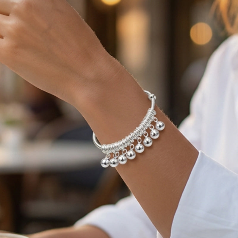 🔔 Adjustable Silver Bell Bangle – Lightweight Charm Bracelet for Everyday Shine