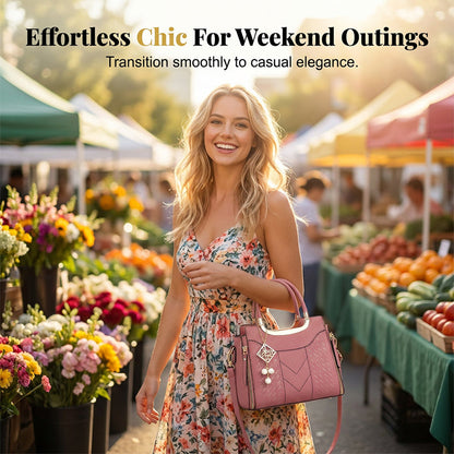 ⏰Women's V-Stitched Satchel – Gold Hardware, Multi-Compartment, Top-Handle 🌸